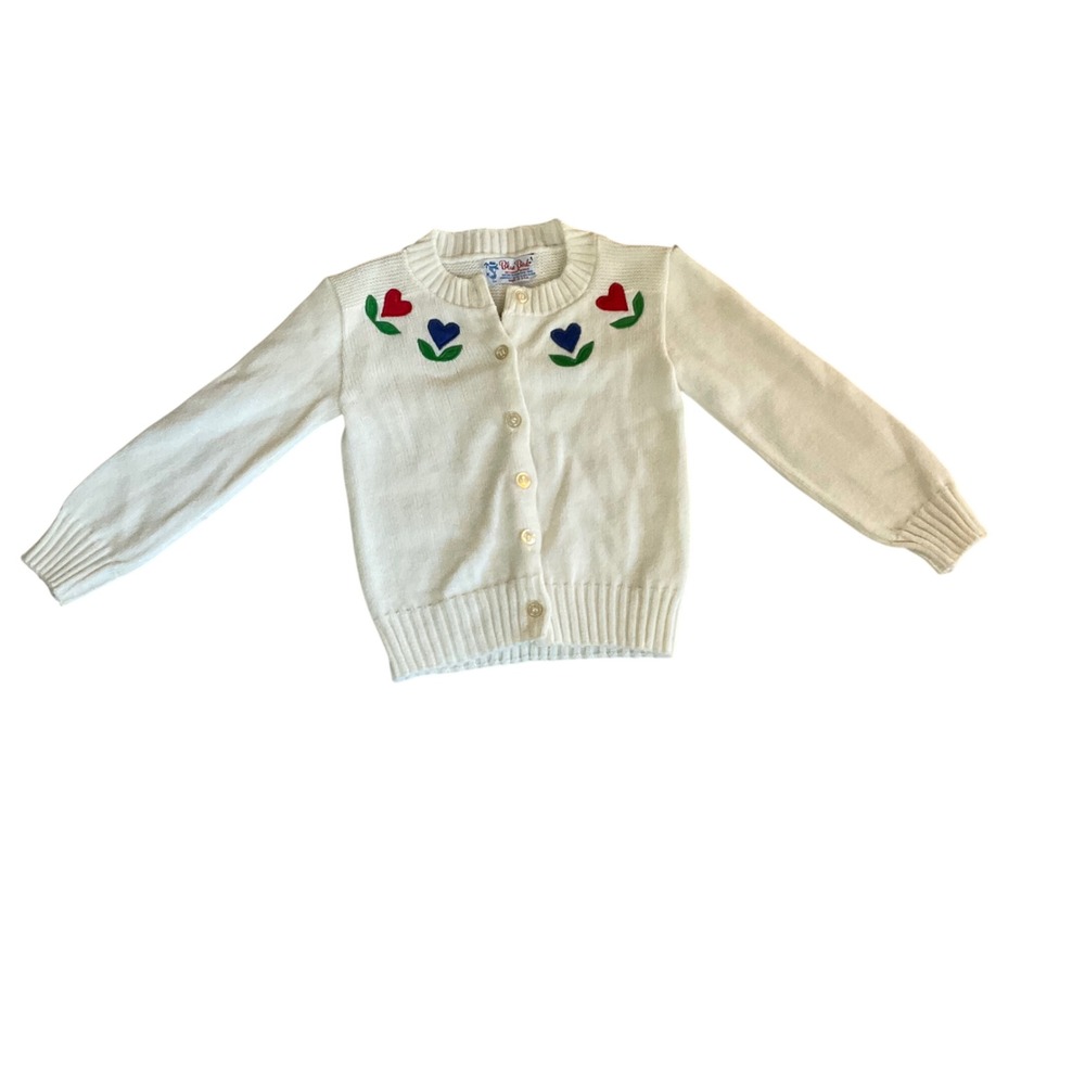 Vintage 70's Blue Bird Cardigan Sweater Girls 6 White Floral Appliqué Made USA